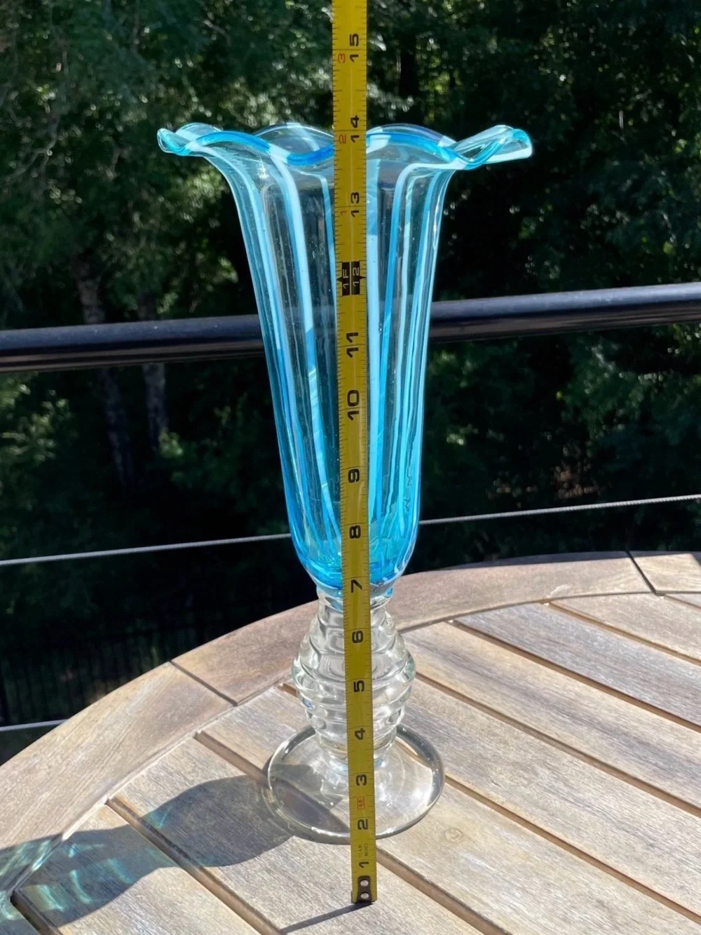 Vintage Art Glass Trumpet Vase Aqua Blue White Optic Ribbed Ruffled Footed